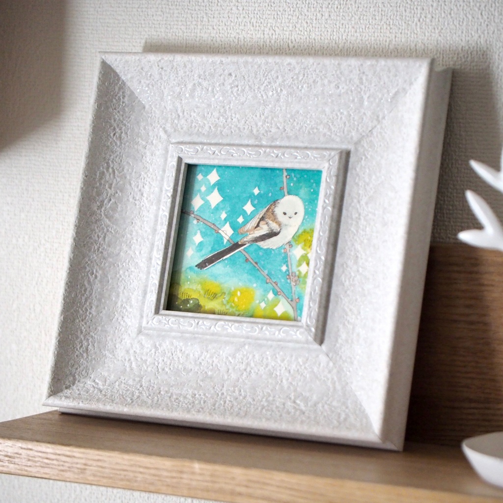 原画「シマエナガの道案内」イラスト・水彩画・ペン画・ミニ額入