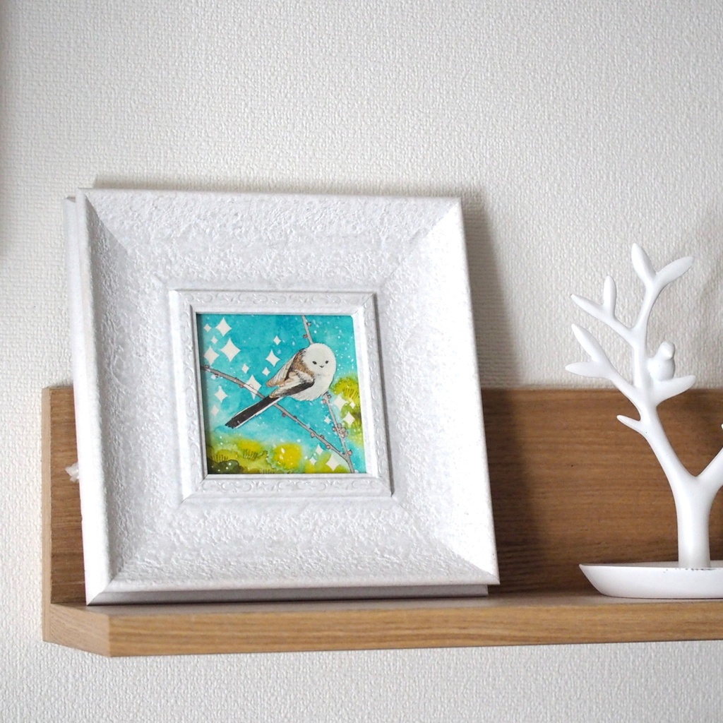 原画「シマエナガの道案内」イラスト・水彩画・ペン画・ミニ額入