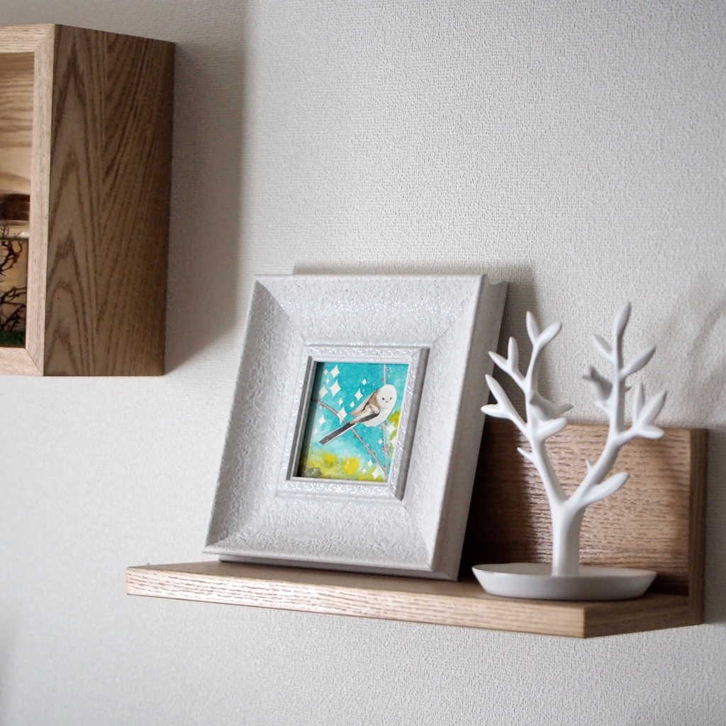 原画「シマエナガの道案内」イラスト・水彩画・ペン画・ミニ額入