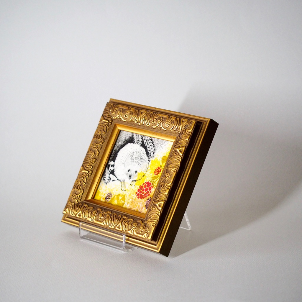 原画「ハリネズミと木苺」イラスト・水彩画・ペン画・絵画・ミニ額入