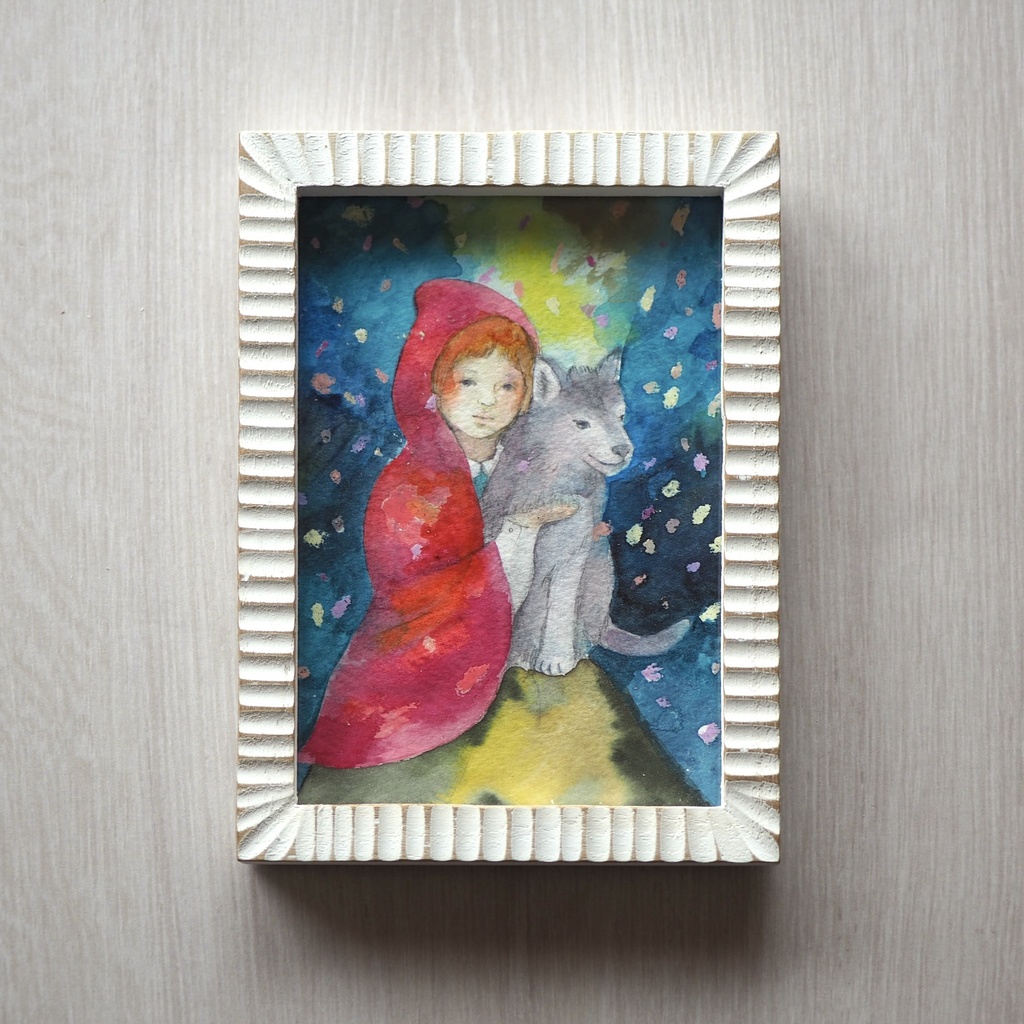 水彩 原画 額入「赤ずきんとオオカミ」