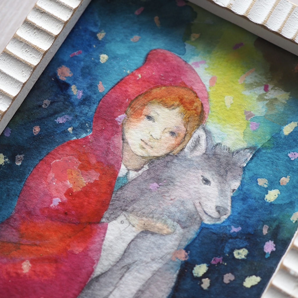 水彩 原画 額入「赤ずきんとオオカミ」