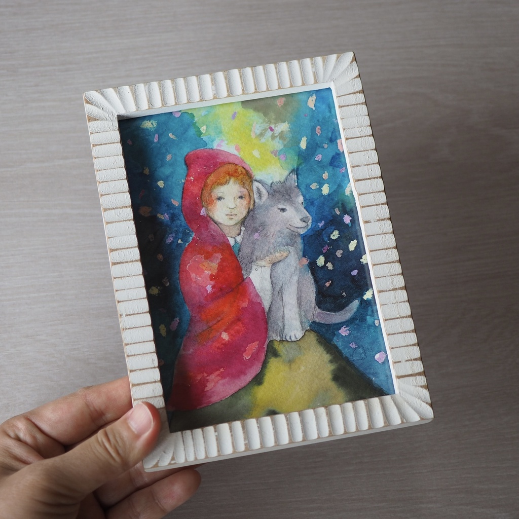 水彩 原画 額入「赤ずきんとオオカミ」