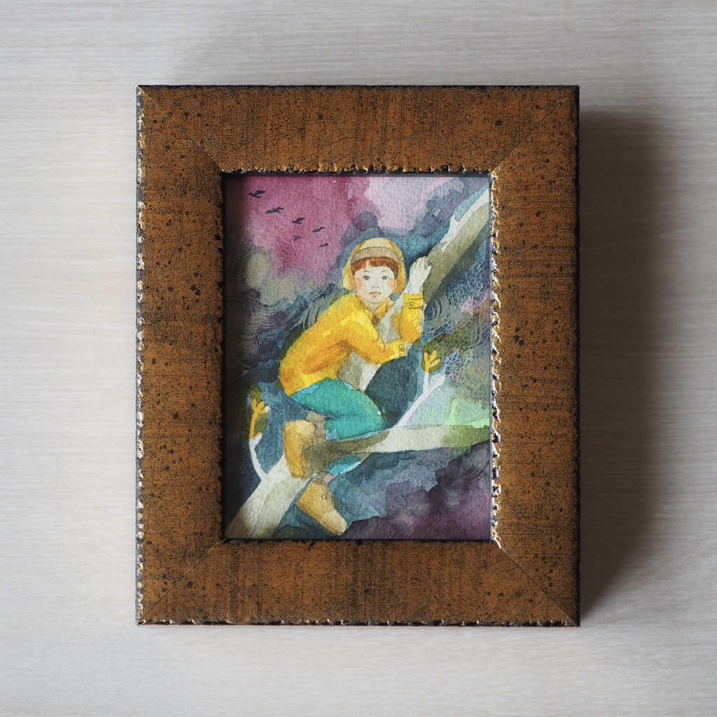 水彩 原画 額入「枝の上の小人」