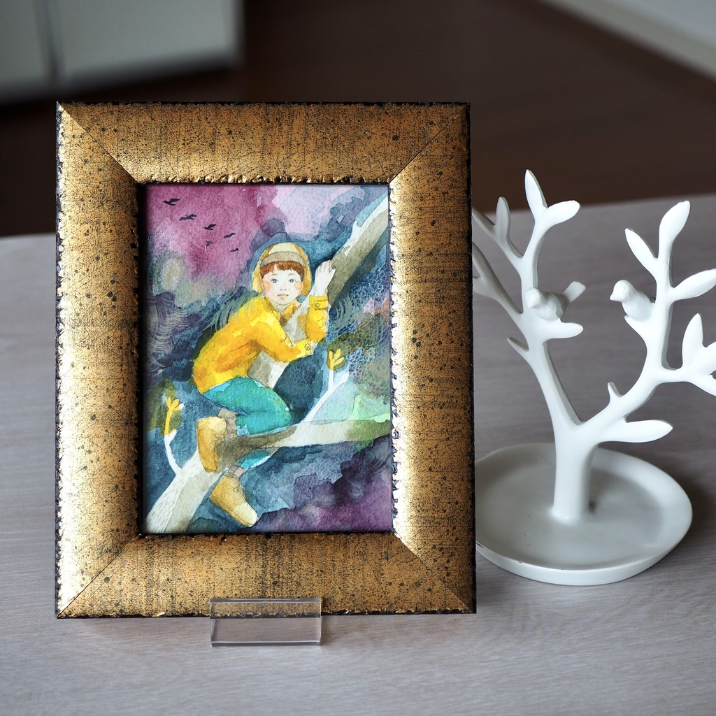 水彩 原画 額入「枝の上の小人」