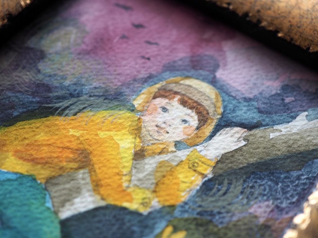 水彩 原画 額入「枝の上の小人」