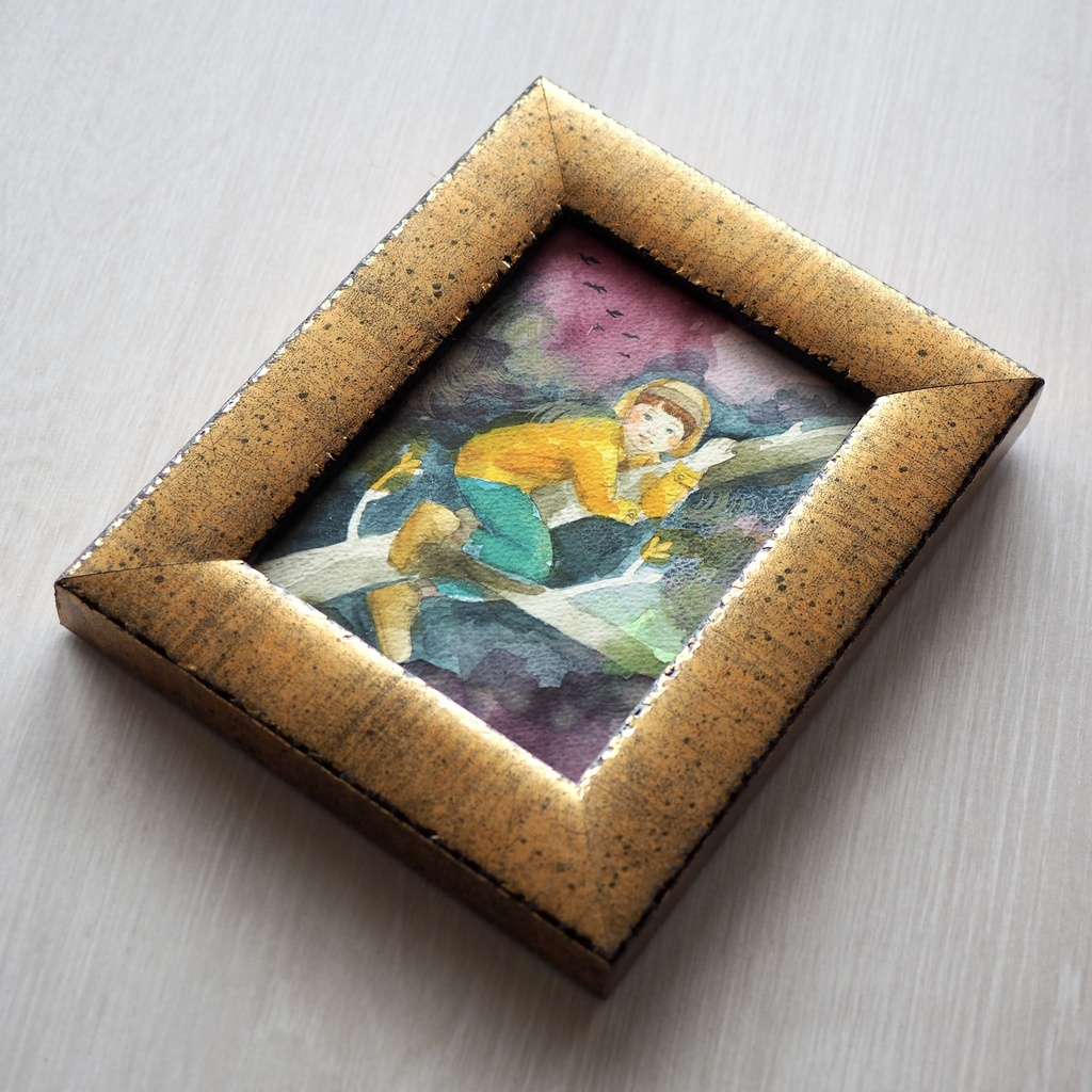 水彩 原画 額入「枝の上の小人」
