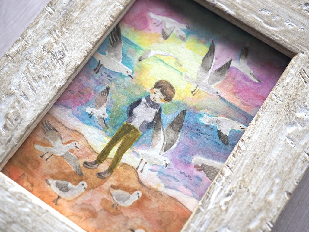水彩 原画 額入「カモメと少年」