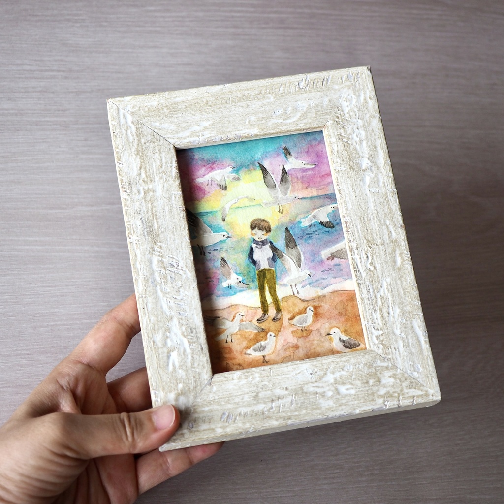 水彩 原画 額入「カモメと少年」