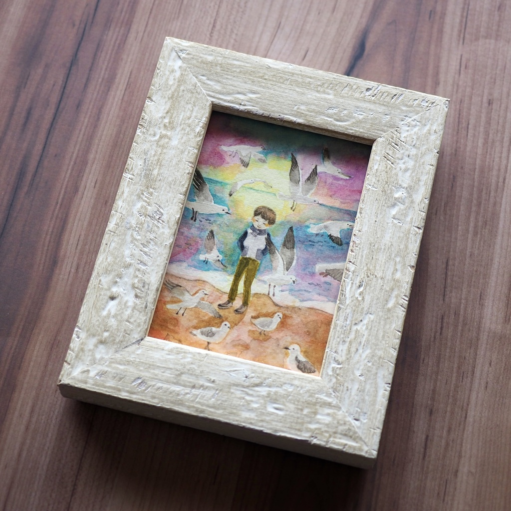 水彩 原画 額入「カモメと少年」