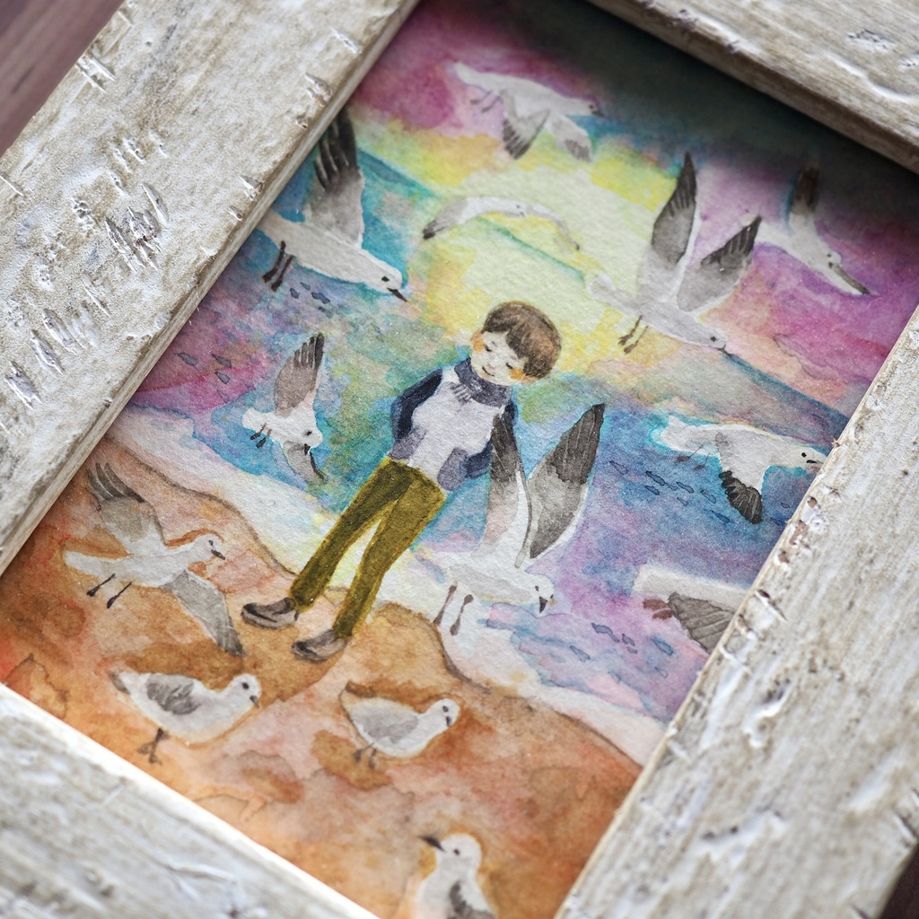 水彩 原画 額入「カモメと少年」