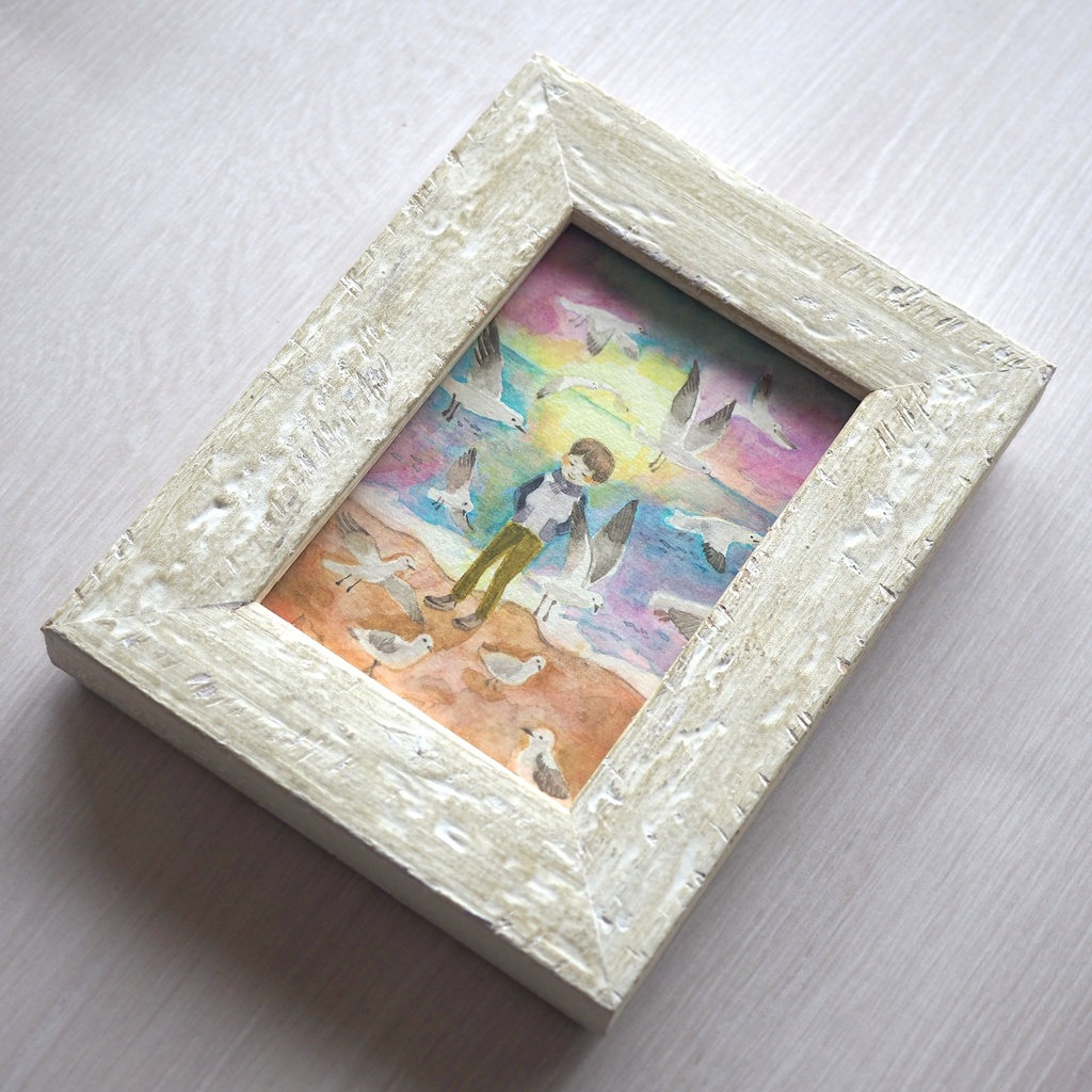 水彩 原画 額入「カモメと少年」