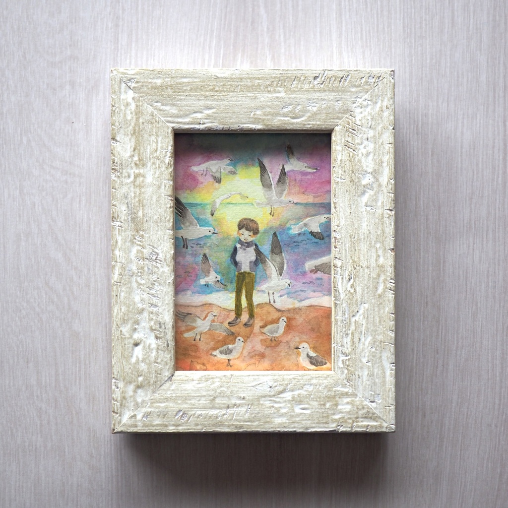 水彩 原画 額入「カモメと少年」