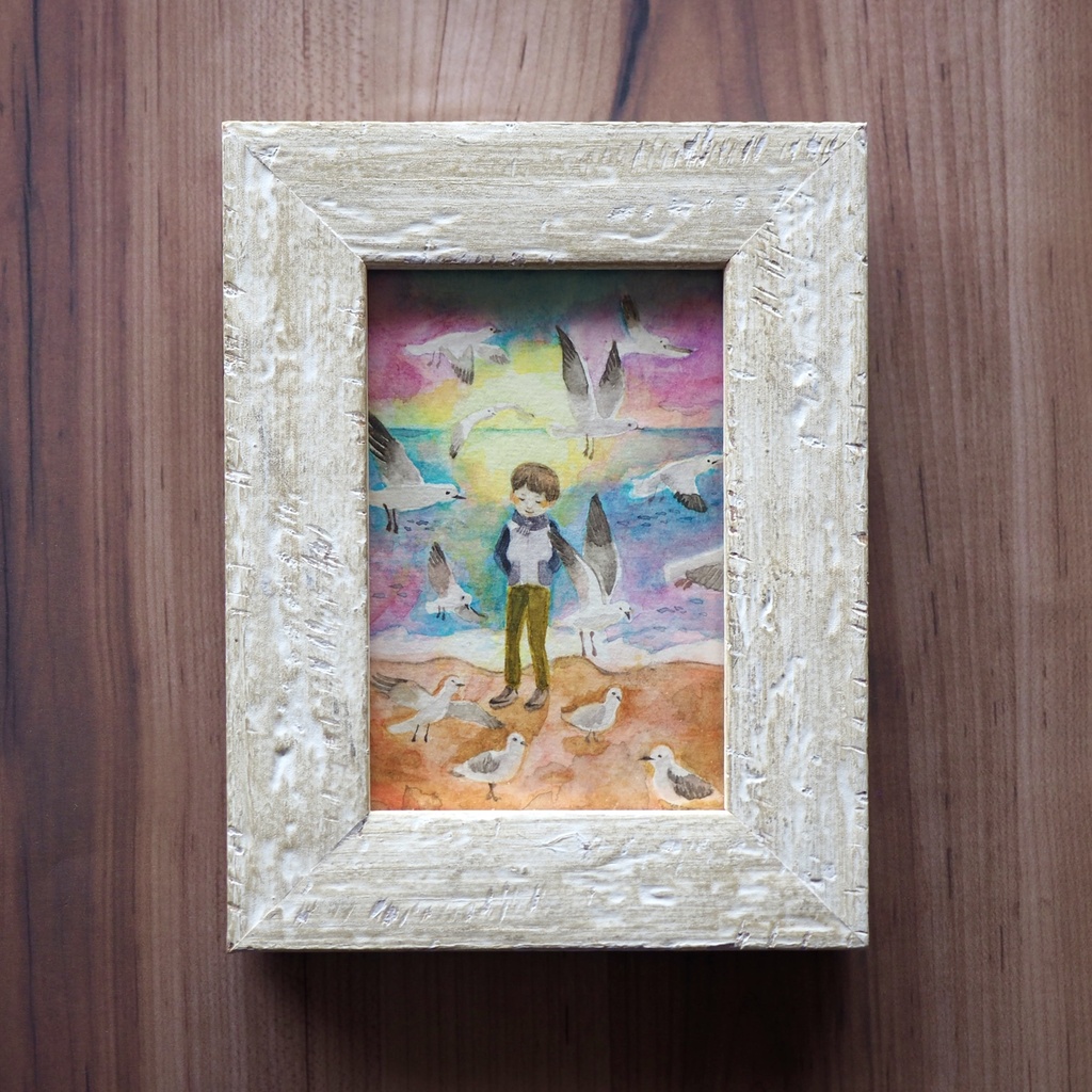 水彩 原画 額入「カモメと少年」