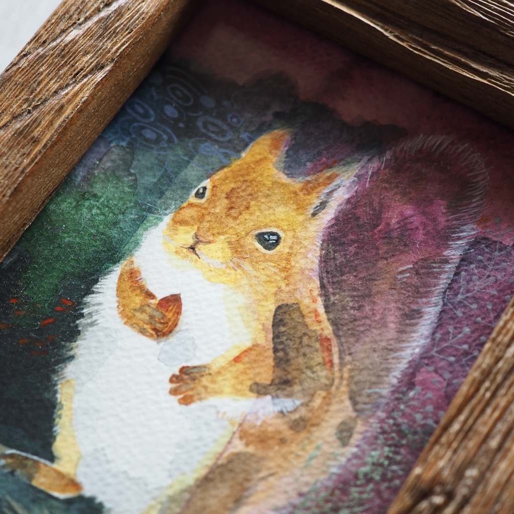 水彩 原画 額入「リスとドングリ」