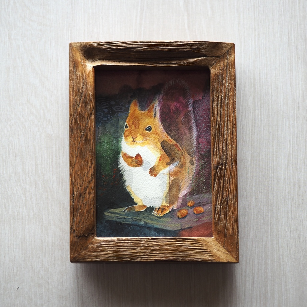 水彩 原画 額入「リスとドングリ」