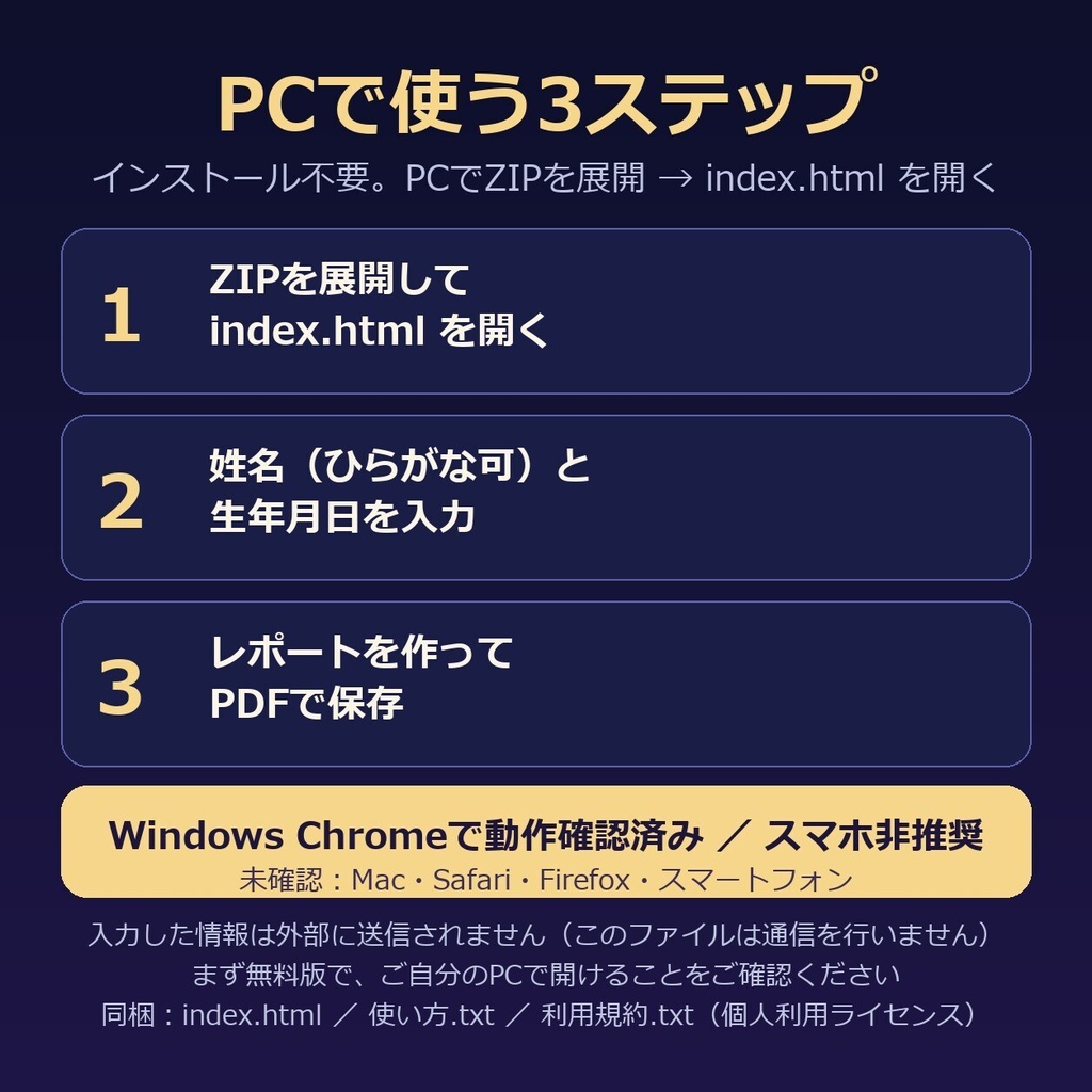 数秘術レポート作成ツール|生年月日と名前から6つの数字と組み合わせ解釈を読む|PCで何度でも作成・PDF保存・外部送信なし
