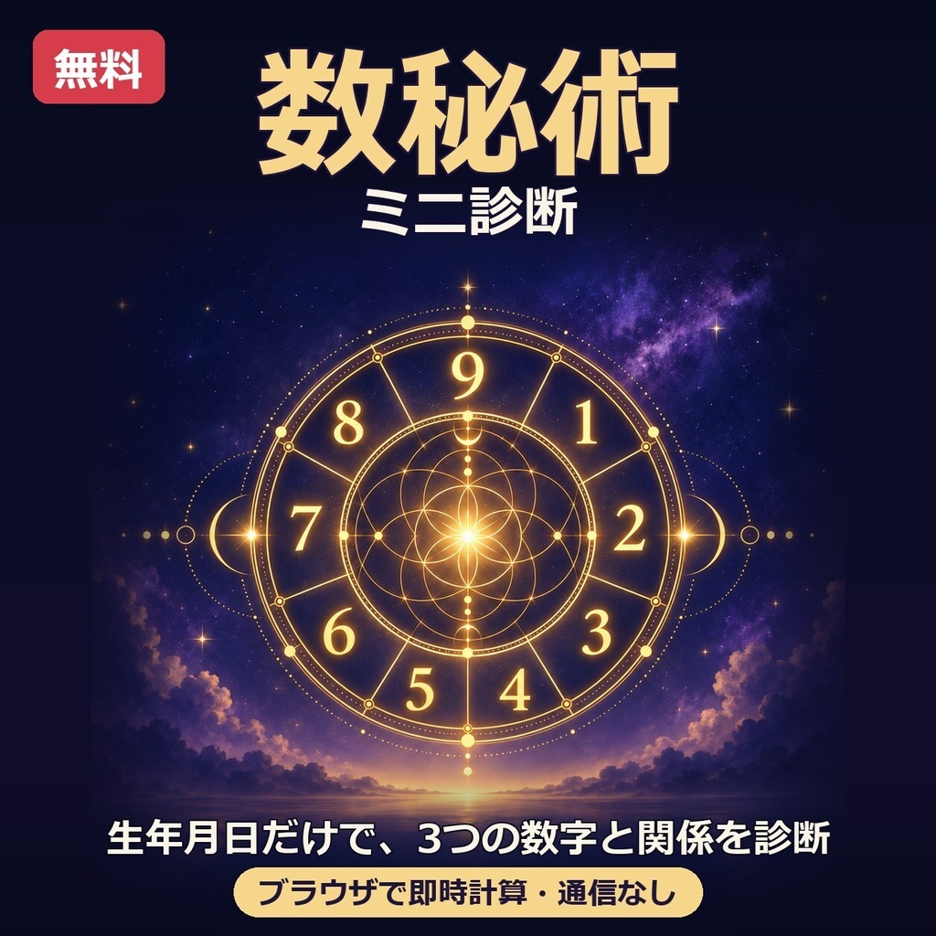 【無料】生年月日だけでわかる数秘術ミニ診断|ライフパス・バースデー・今年のテーマと数字同士の関係|ブラウザで即時計算