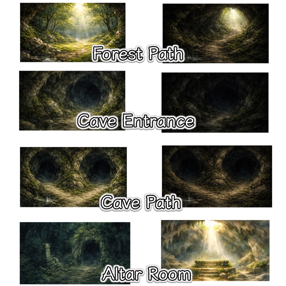 TRPG背景素材|森の洞窟遺跡ダンジョンセット(8枚 / 1920×1080)