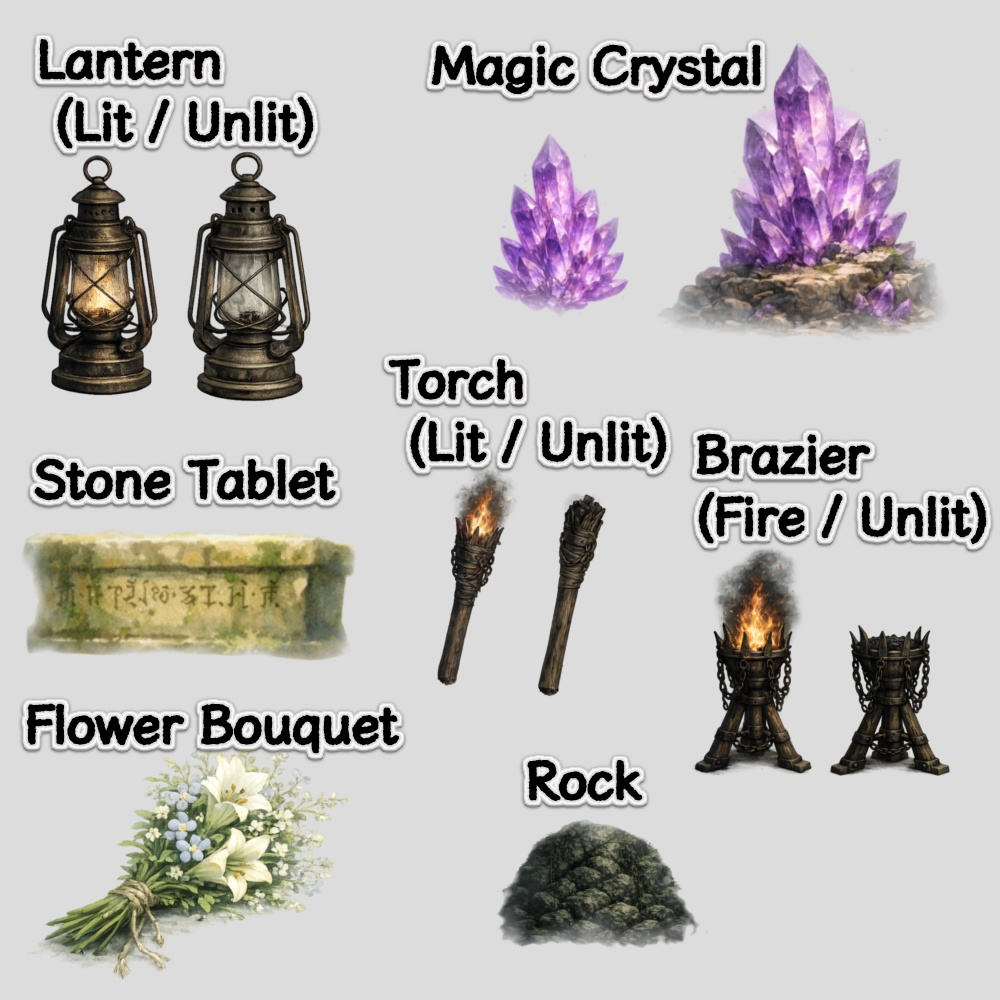 TRPG小物素材|ダンジョン探索アイテムセット(11点 / 透過PNG)
