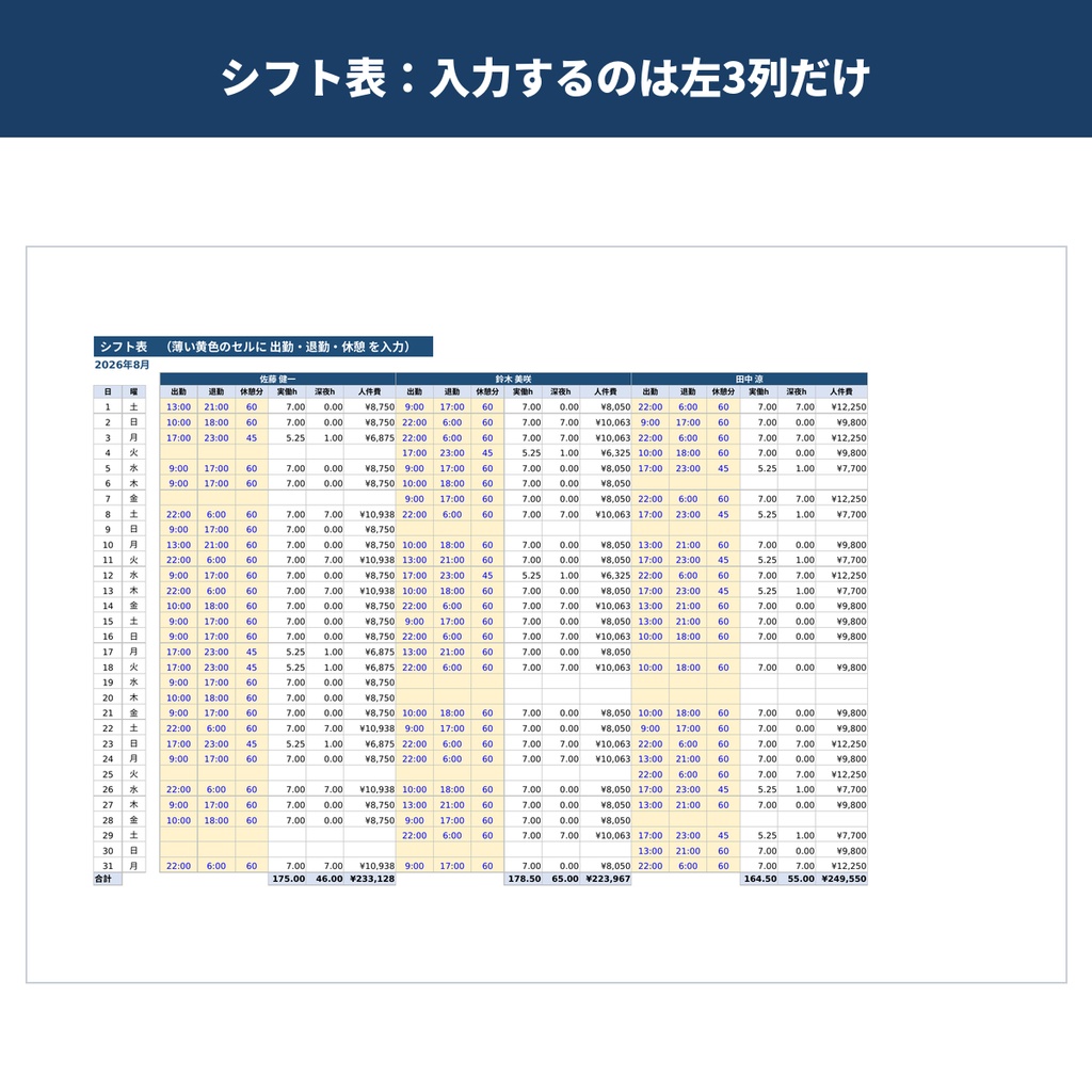 シフト表&人件費 自動計算Excel|深夜割増もワンタッチ【小規模店舗向け】