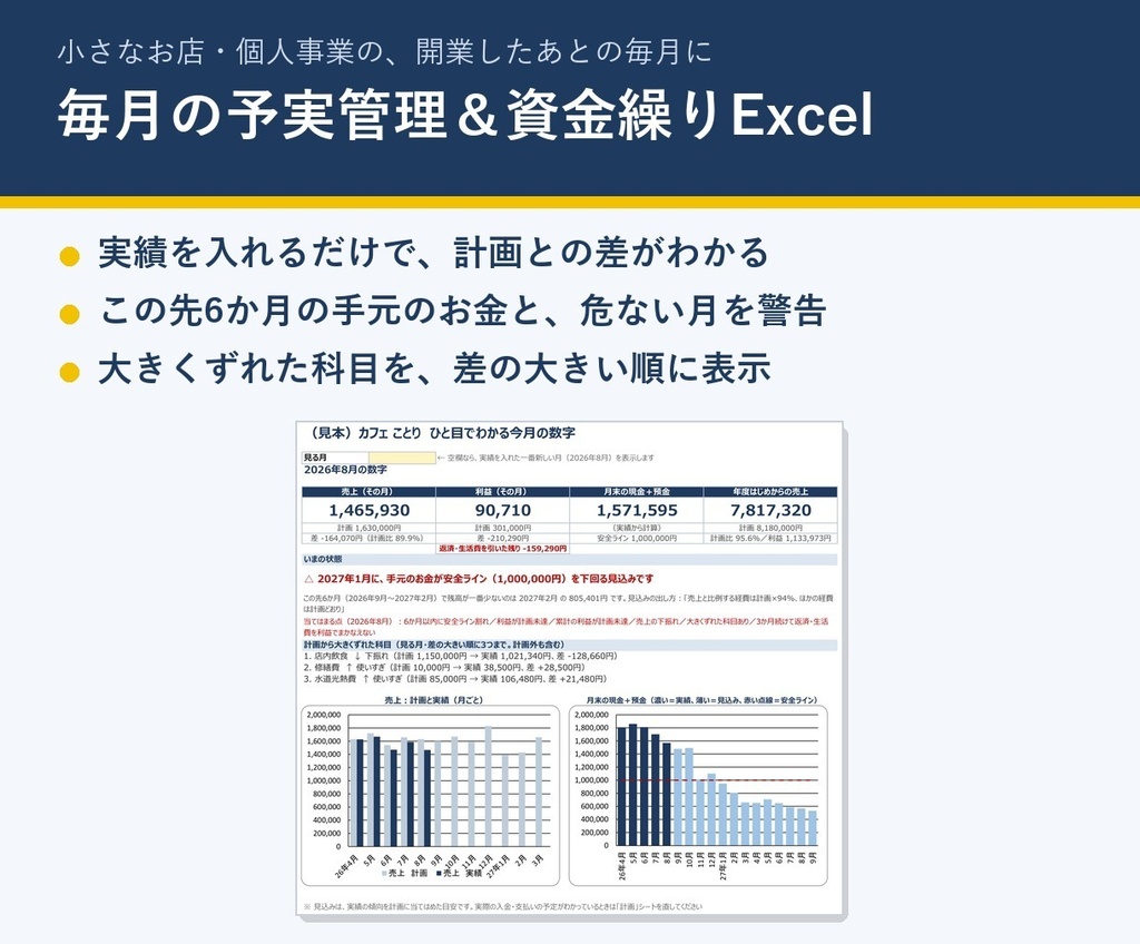 小さなお店・個人事業の予実管理と資金繰り表Excel（6か月先まで）