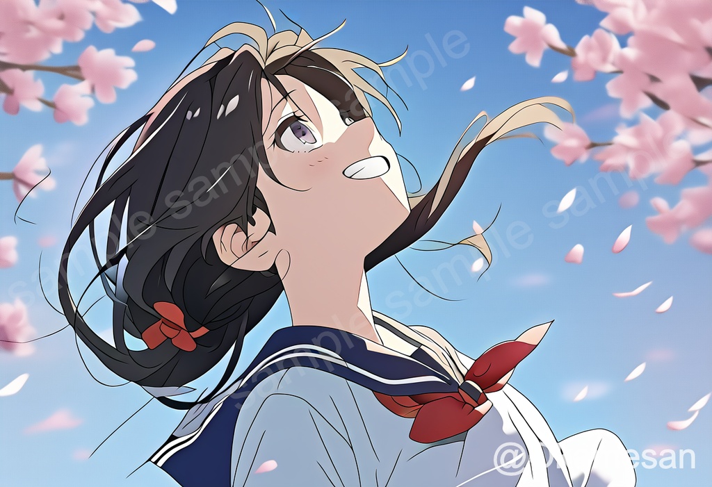 春の桜並木　アニメ風イラスト素材　6枚セット