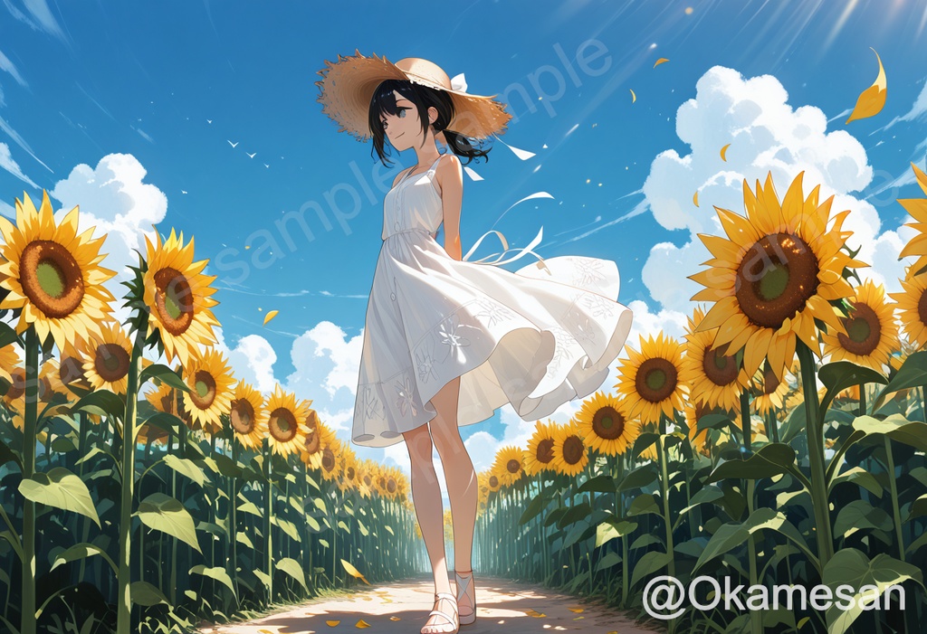 夏のひまわり畑　アニメ風イラスト素材　6枚セット
