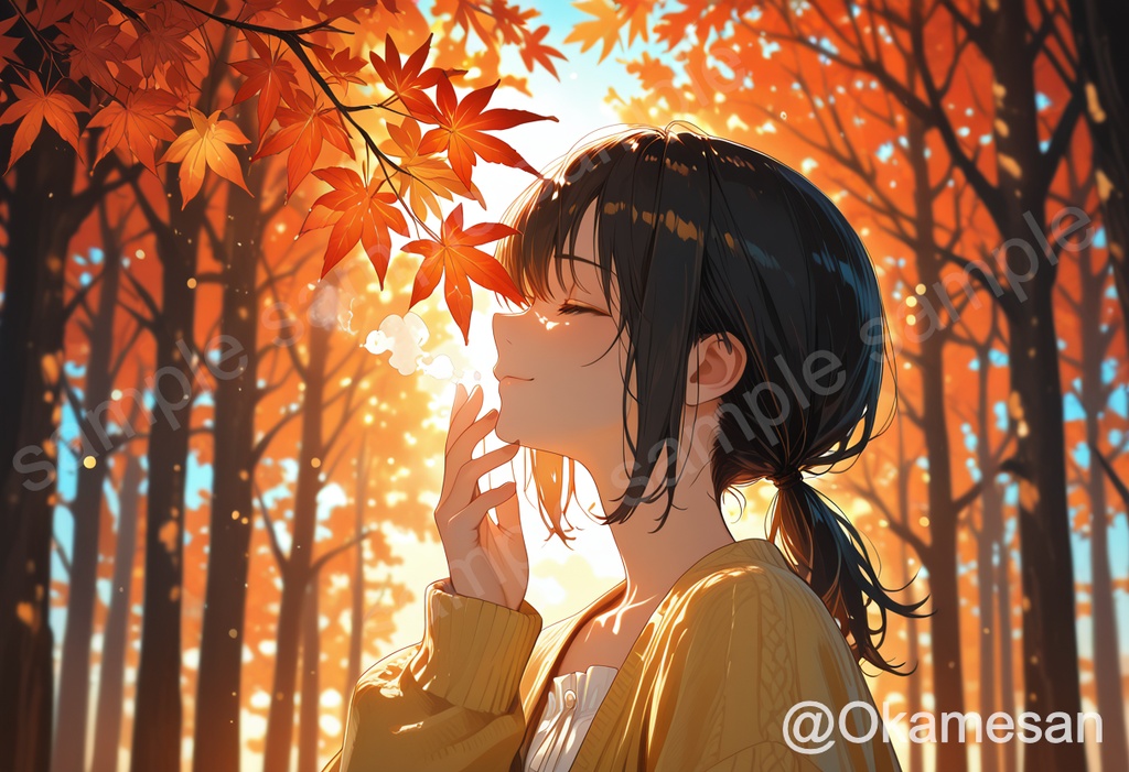 秋の紅葉・イチョウ並木　アニメ風イラスト素材　6枚セット