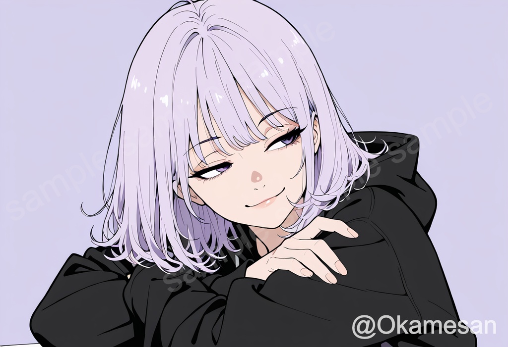 【商用利用可】アニメ風イラスト素材 クールガール ラベンダー×黒パーカー 5枚セット