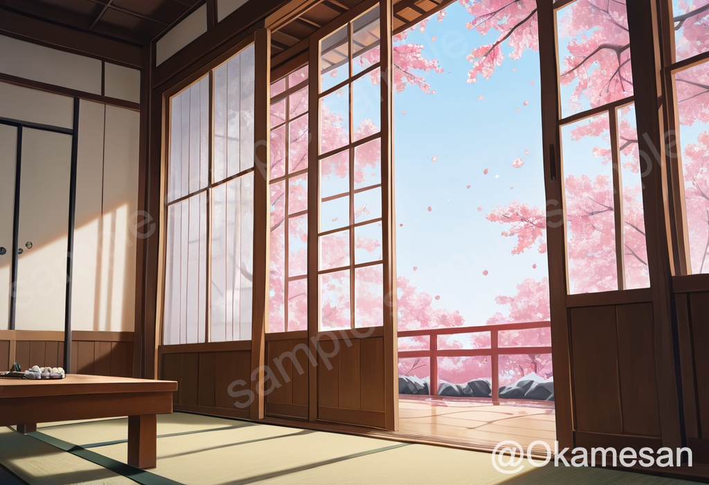 【背景素材】春の和室 / 桜と縁側 アニメ風イラスト素材