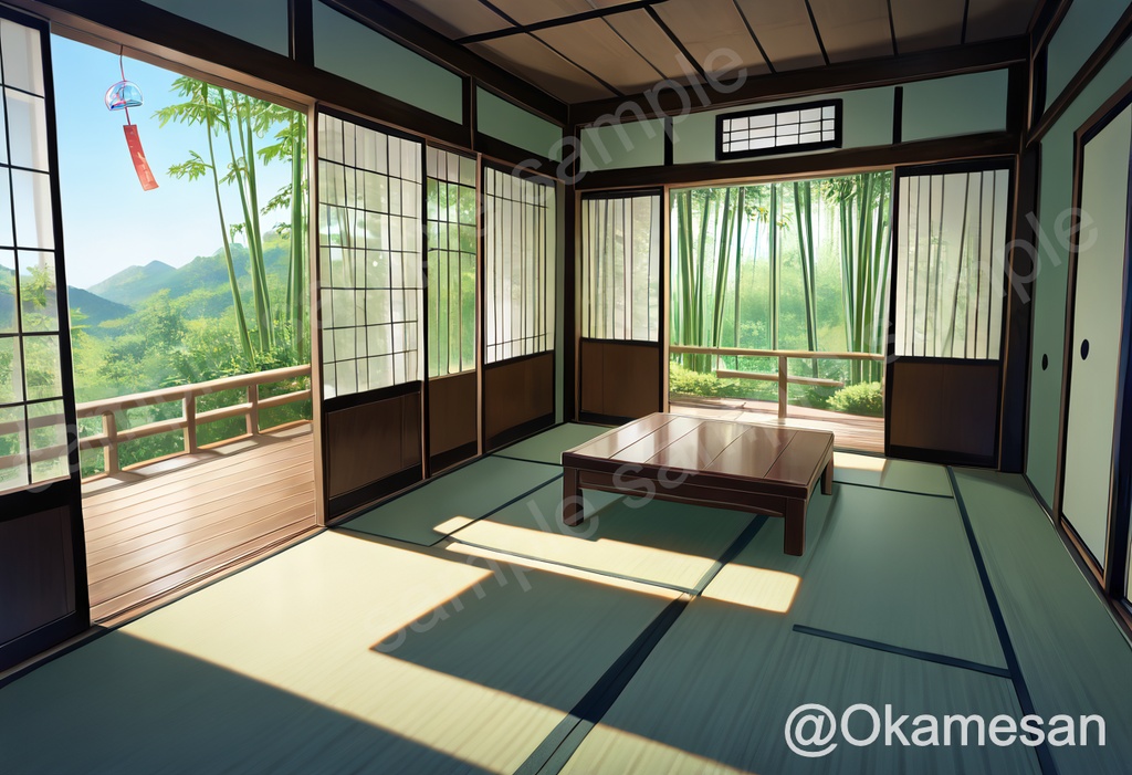 【背景素材】夏の和室 / 竹林と風鈴 アニメ風イラスト素材
