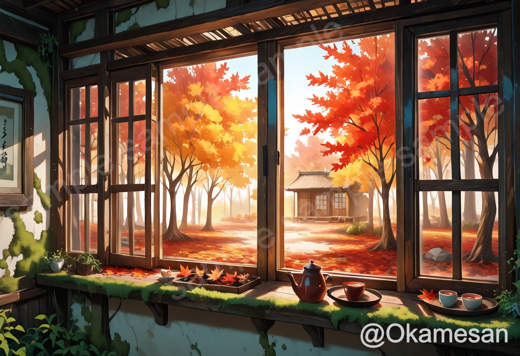 窓辺から望む秋の紅葉庭園｜アニメ風背景イラスト素材