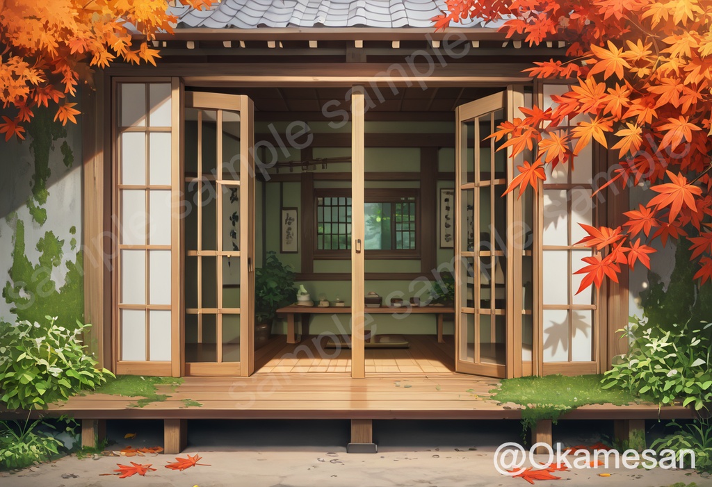秋の紅葉に包まれた和風玄関｜アニメ風背景イラスト素材