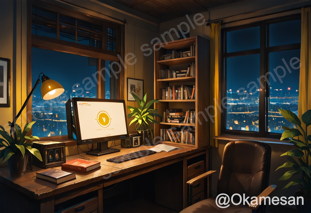 夜景を望む深夜の書斎・作業部屋｜アニメ風背景イラスト素材