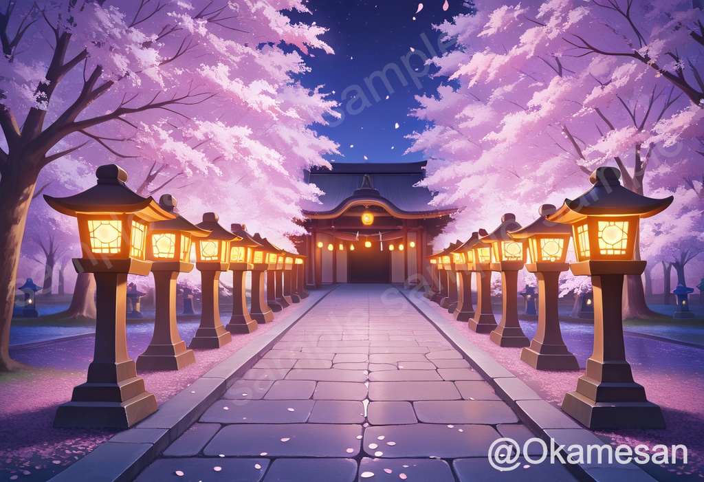 夜桜と石灯籠が並ぶ神社の参道｜アニメ風背景イラスト素材