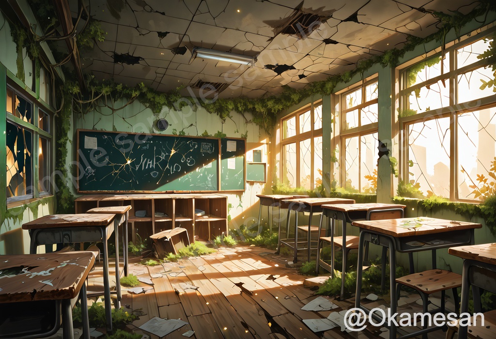 蔦に覆われた廃墟の教室｜アニメ風背景イラスト素材