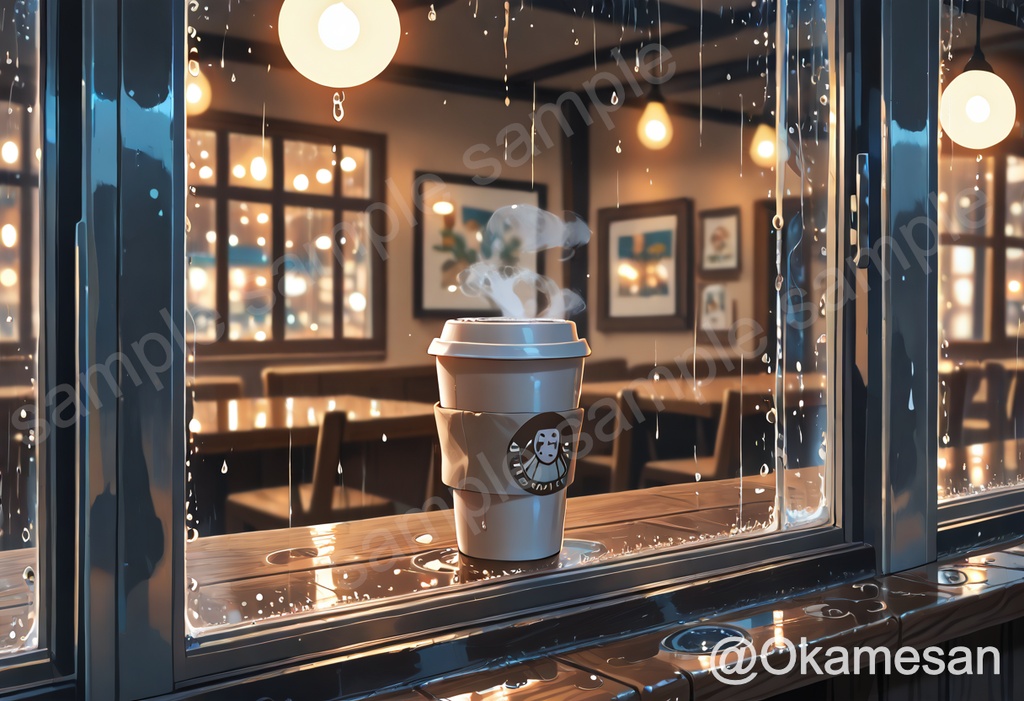 雨の日のカフェ窓辺とホットコーヒー｜アニメ風背景イラスト素材