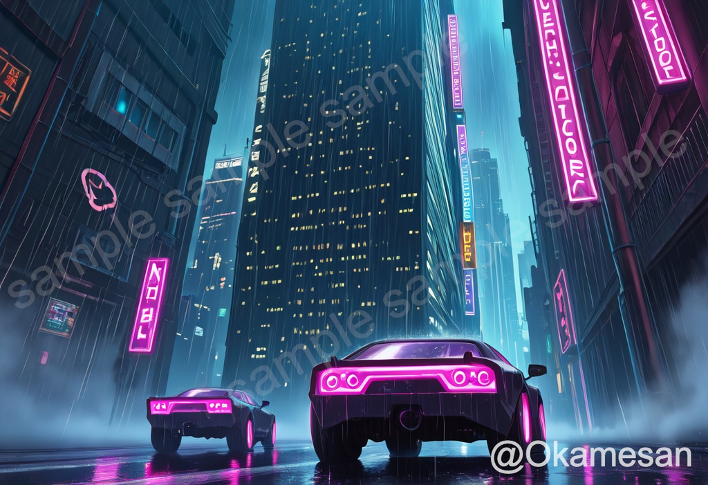 雨のサイバーパンク都市とネオンカー｜アニメ風背景イラスト素材