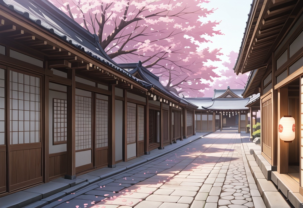 【背景素材】桜舞う京町家通り - 和風建築背景イラスト(商用利用可)