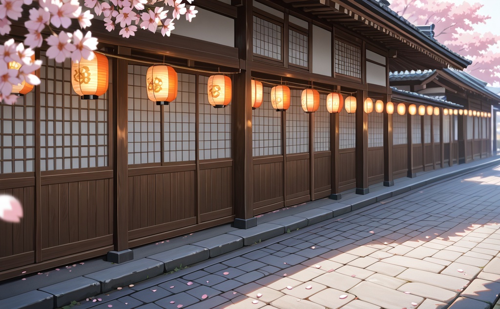 【背景素材】提灯灯る京町家の路地 - 和風建築背景イラスト(商用利用可)
