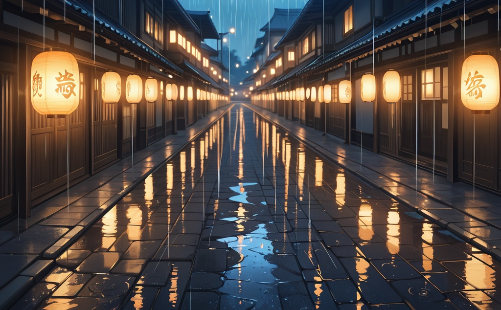 【背景素材】雨夜の祇園小路 - 和風建築背景イラスト(商用利用可)