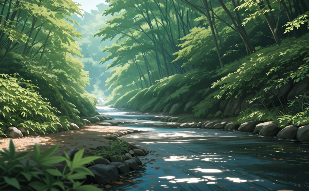【背景素材】新緑の渓流風景 - 自然背景イラスト(商用利用可)