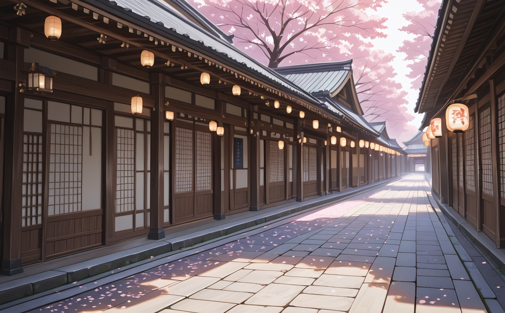 【背景素材】桜香る提灯参道 - 和風建築背景イラスト(商用利用可)
