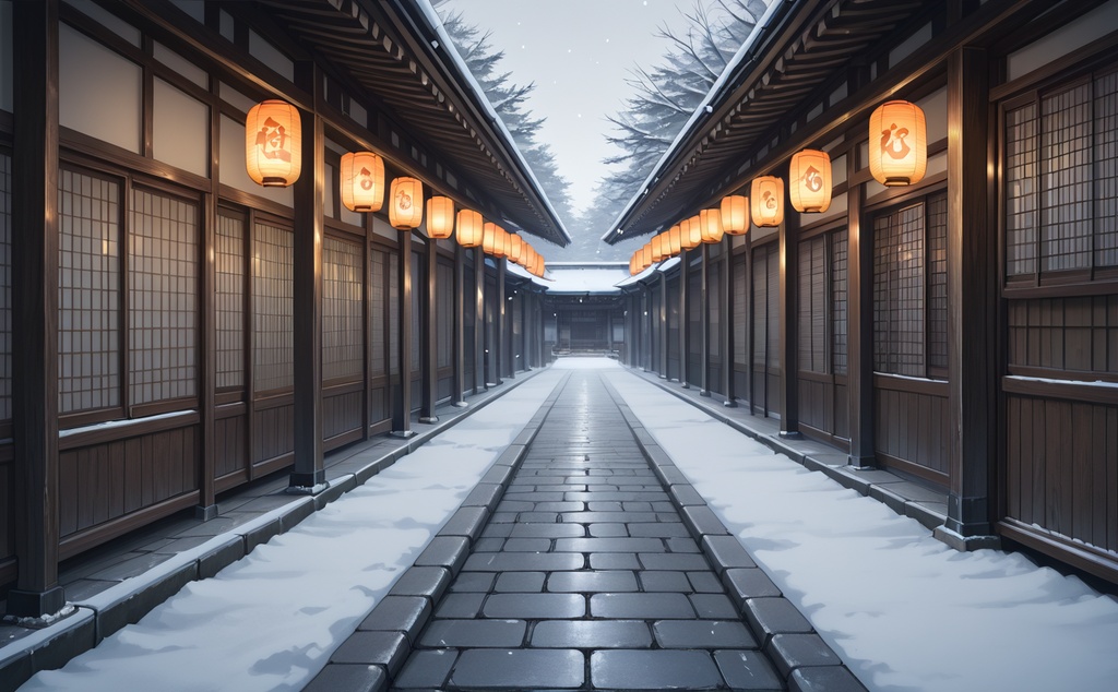 【背景素材】雪降る提灯回廊 - 和風建築背景イラスト(商用利用可)