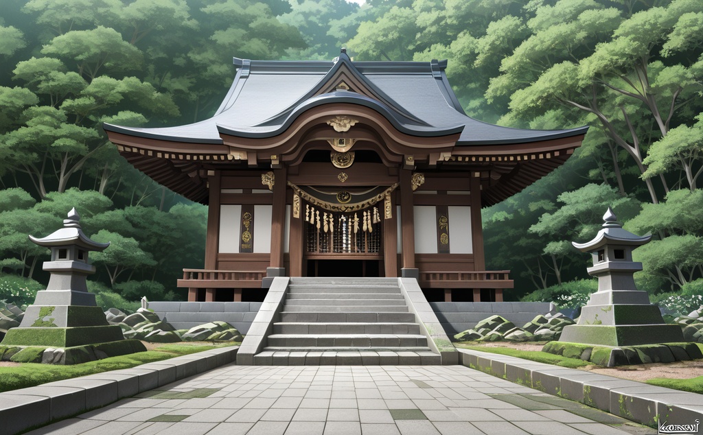 【背景素材】森に佇む神社社殿 - 和風建築背景イラスト(商用利用可)