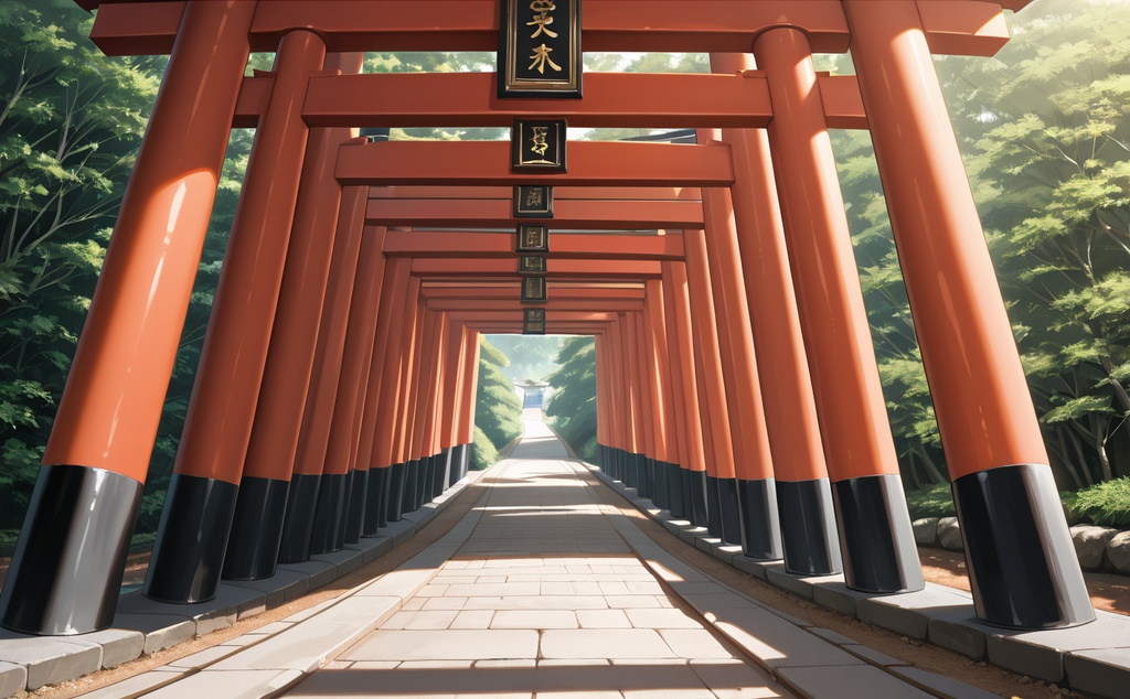 【背景素材】光差す鳥居の参道 - 和風建築背景イラスト(商用利用可)