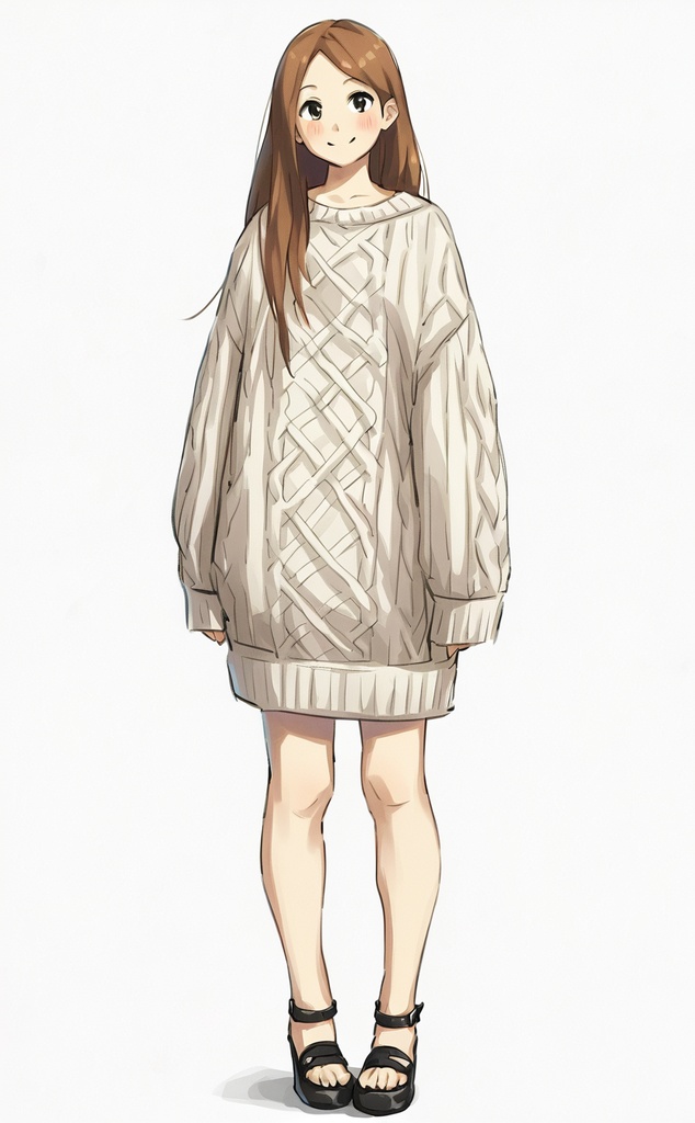 白いケーブルニットワンピの少女（水彩タッチ）｜アニメ風キャラクター立ち絵素材