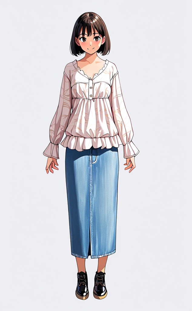 フリルブラウスとデニムスカートの黒髪少女｜アニメ風キャラクター立ち絵素材