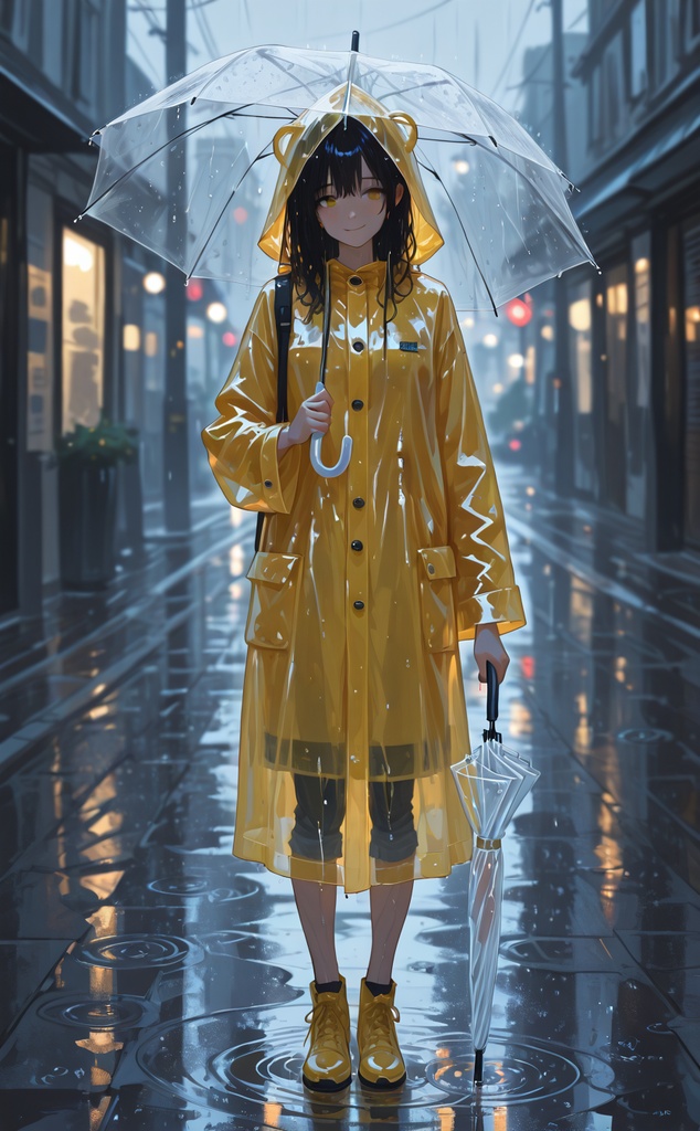 黄色いレインコートと透明傘の少女（雨）｜アニメ風キャラクター立ち絵素材